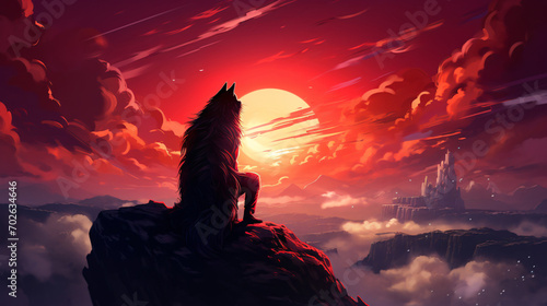 Girl and her wolf on top of the mountain watching