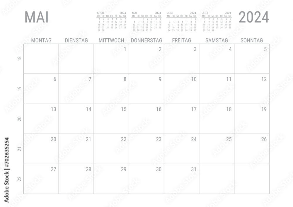 Monat Kalender Mai 2024 Monatskalender Kalenderblatt Kalendarium mit Kalenderwoche Planer DIN A4 Deutsch