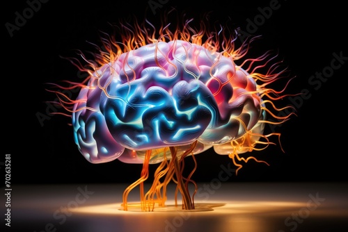 3D Human Brain plasticity Colorful Neural circuits neurotransmission. Receptors dopamine, serotonin, acetylcholine, and norepinephrine signals in neural brain illustration neuronal networks photo