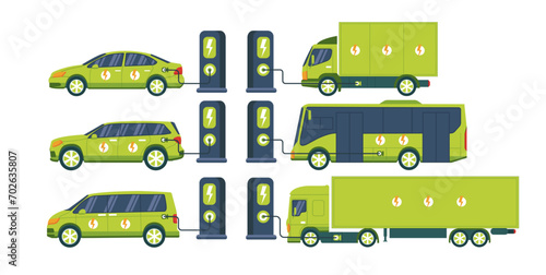 Electric vehicles. Electric cars fleet charging on parking lot with charger stations. Set of electric vehicles: bus, truck, van, business vehicles.