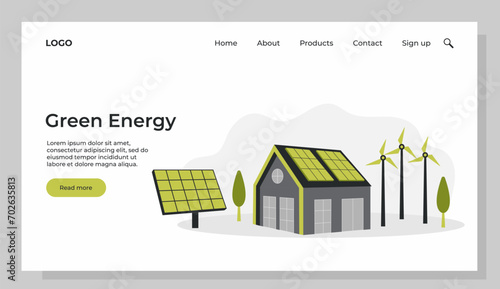 Green energy. Smart grid. Renewable. House with windmills and solar energy panels. Template for landing page.