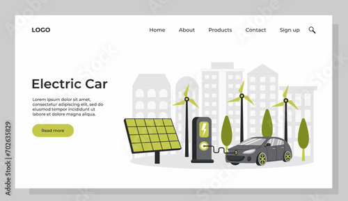 Electric car near charging station. Green energy. Smart grid. Renewable. Concept with windmills and solar energy panels. Template for landing page.