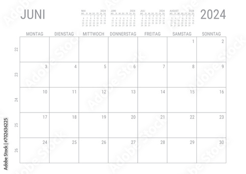 Monat Kalender Juni 2024 Monatskalender Kalenderblatt Kalendarium mit Kalenderwoche Planer DIN A4 Deutsch photo