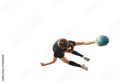Skilled woman, handball player executing powerful throw, emphasizing determination and precision against white background. Concept of professional sport, movement, dynamic, workout, championship