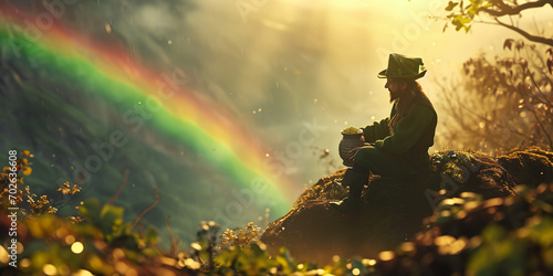 Leprechaun sitting on a pot of gold at the end of a rainbow
 photo