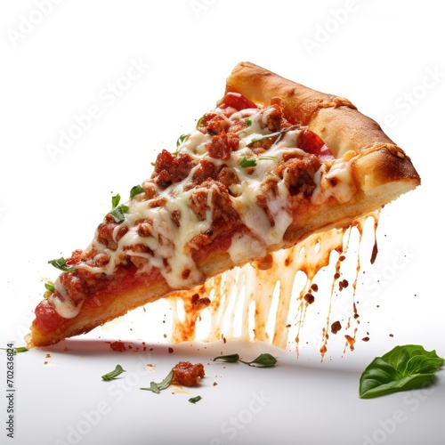 Slice of meet ball  pizza flying isolated on transparent background,A hot pizza slice with dripping melted cheese.