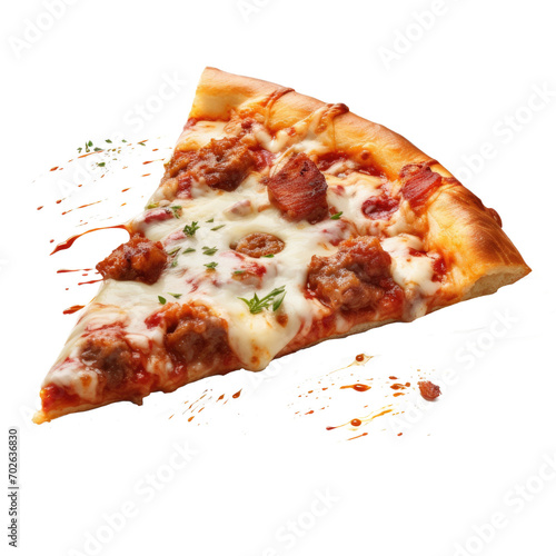 Slice of meet ball pizza flying isolated on transparent background,A hot pizza slice with dripping melted cheese.