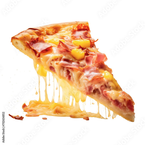 Slice of Hawaiian pizza flying isolated on transparent background,A hot pizza slice with dripping melted cheese.