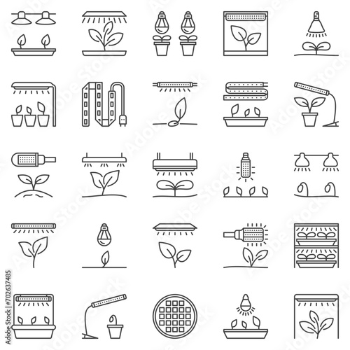 Grow Light outline icons set - LED Phytolamp for plant vector symbols