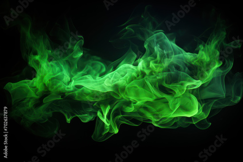 Tongues of green fire on clear black background, green flames and sparks background design