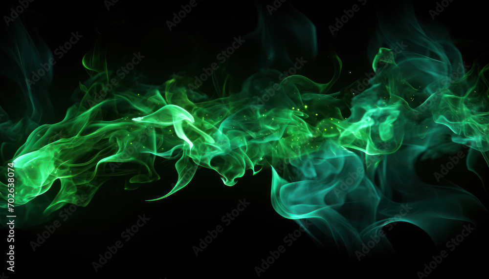 Tongues of green fire on clear black background, green flames and sparks background design Tongues of green fire on clear black background, green flames and sparks background design