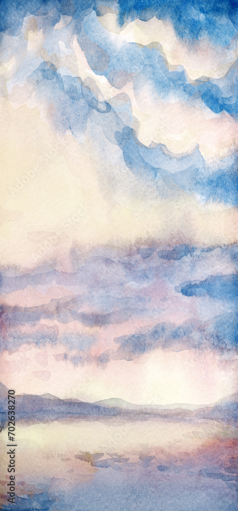 Watercolor painting. Summer sea landscape