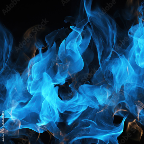 Tongues of blue fire on clear black background, blue flames and sparks background design