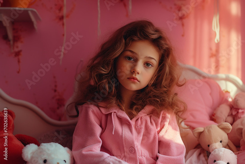 Generative AI Image of Introverted Little Girl Daydreaming Alone in Room with Sad Expression