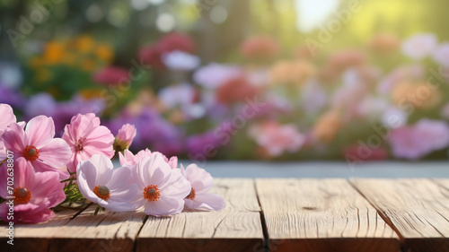 Blooming anemones in various shades of pink  red  and purple spread across a wooden empty table  with a soft-focus background copy space