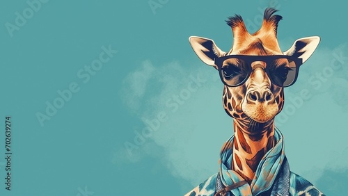 Stylized portrait illustration of a giraffe in sunglasses on a shaded teal background.