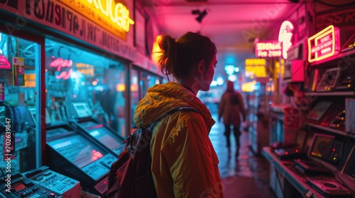 Retro Shop, person browsing vintage electronics, store with neon signage and pastel decor, 80s inspired fashion, soft fluorescent lighting, nostalgia pastel pinks and blues
