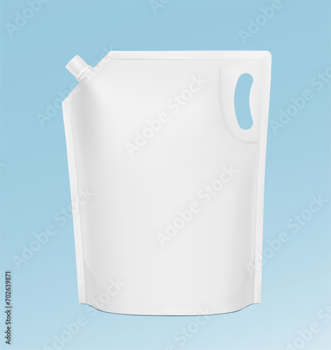 Spout pouch bag mockup for liquid detergent, soap. Vector illustration on blue background. Easy to use for presentation your product, idea, promo, design. EPS10.