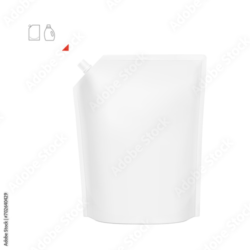 Pouch bag mockup with corner spout. Vector illustration isolated on white background. Front view. Can be use for template your design, presentation, promo, ad. EPS10.