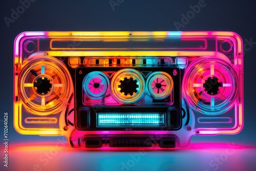 A nostalgic blast from the past, featuring a retro design boombox with cassette tape recorder straight from the 1980s. photo