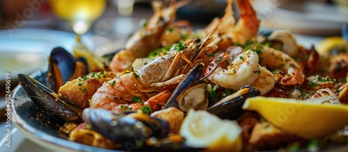 Traditional Spanish food, consisting of crunchy and salty baked seafood dishes, inspired by Mediterranean cuisine. photo