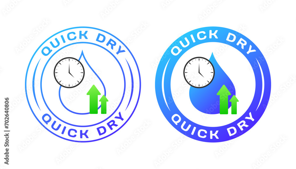 Quick dry stamps. Clock and water drop icon with up arrows, stopwatch and water drop, quick dry stamps. Vector icons Quick dry stamps. Clock and water drop icon with up arrows, stopwatch and water drop, quick dry stamps. Vector icons
