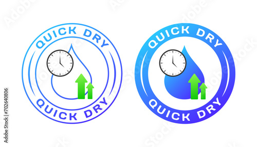 Quick dry stamps. Clock and water drop icon with up arrows, stopwatch and water drop, quick dry stamps. Vector icons