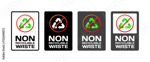 Non Recyclable Waste icons. Flat, green, bio processing prohibited, non recyclable waste icons. Vector icons