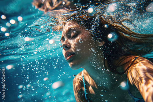 a beautiful woman in swimsuit swimming under water in a pool