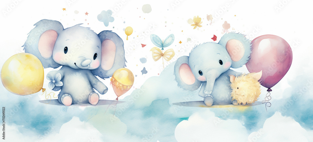 watercolor illustration cute baby animals on cloud with balloons and stars