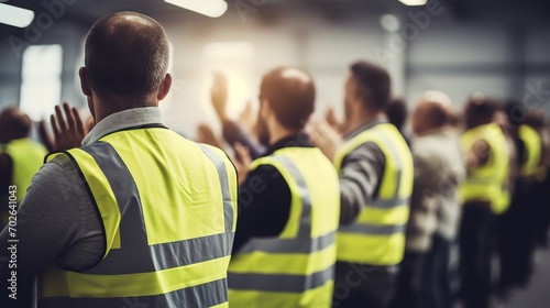 a group of workers raising their hands