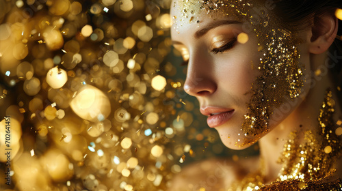 a beautiful woman with golden hair and jewelry on the golden bokeh background
