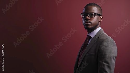 Savvy Real Estate Agent in Stylish Suit Against Burgundy Background