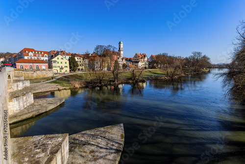 View over the Danube river from the stone bridge in Regensburg, Bavaria, Germany.