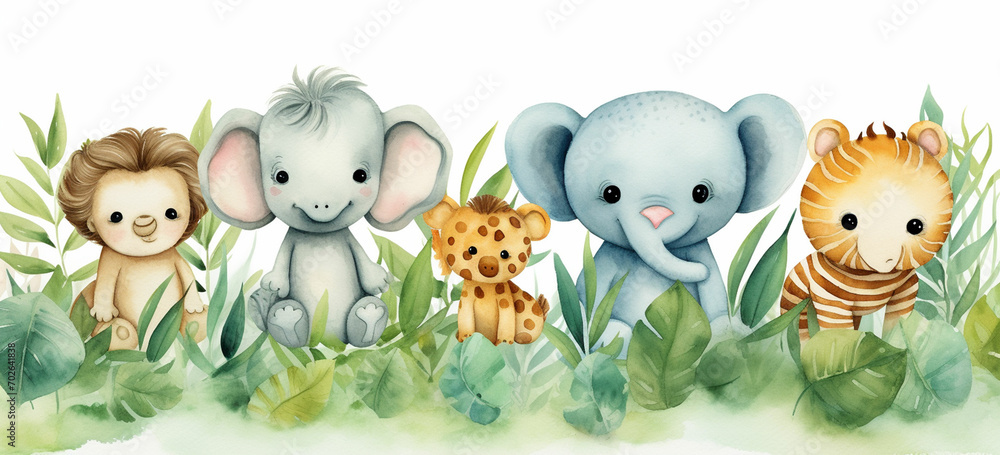 Naklejka premium watercolor illustration cute baby safari animals sit on green grass and tropical leaves