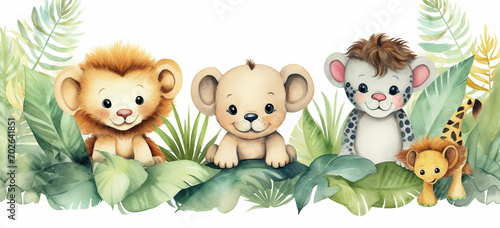 watercolor illustration cute baby safari animals sit on green grass and tropical leaves