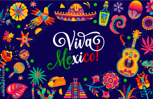 Viva Mexico banner with tropical flowers, sombrero and tex mex cuisine. National independence day poster. Vector greeting card with hummingbird, pyramid, guitar and maracas with tequila or pinata