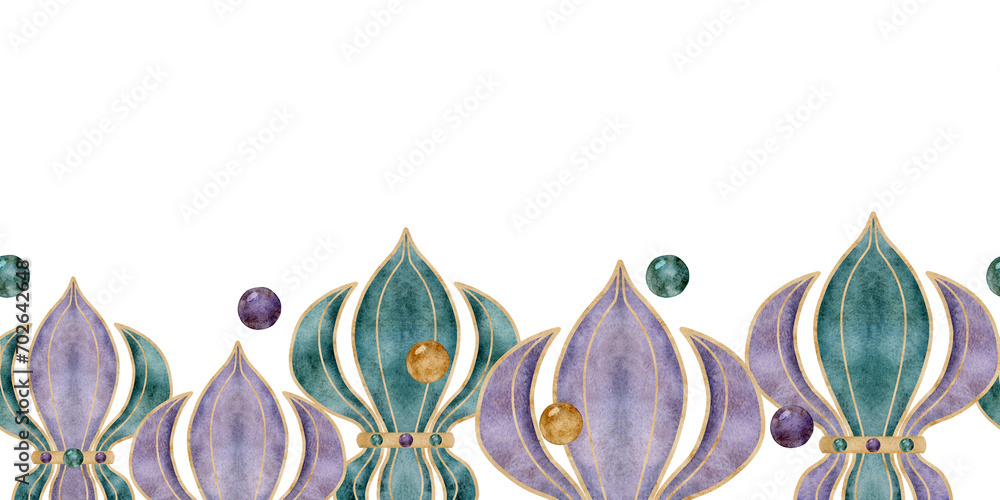 Hand drawn watercolor Mardi Gras carnival symbols. Fleur de lis French lily iris flower glass beads confetti baubles. Seamless banner isolated on white background. Design party invitation, print, shop - obrazy, fototapety, plakaty 