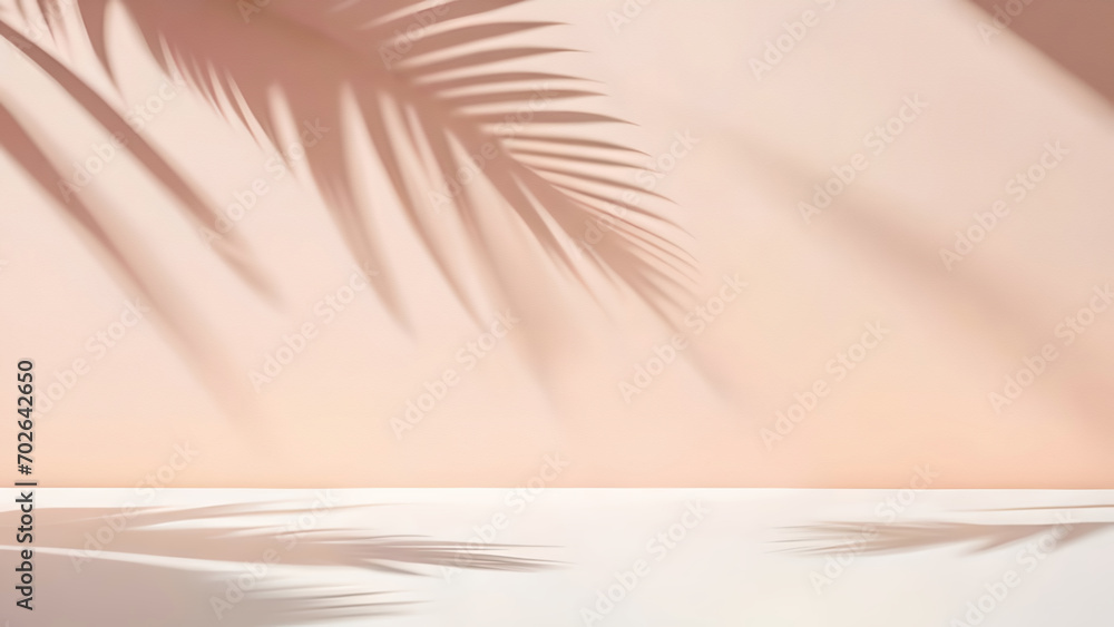 Blurred shadow from palm leaves on the light pink wall. Minimal abstract background for product presentation. Spring and summer. - obrazy, fototapety, plakaty 