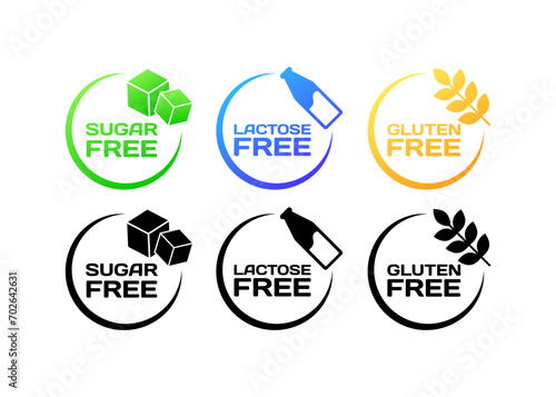 Sugar, Lactose, Gluten free icons. Flat, color, icons of sugar cubes, milk bottles, wheat, free icons. Vector icons