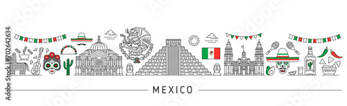 Mexico silhouette. Mexican travel landmarks. Latin America country journey line vector background with Inca pyramid, Mexico Palace of Fine Arts and cathedral, Tex Mex food and Day of the Dead symbols