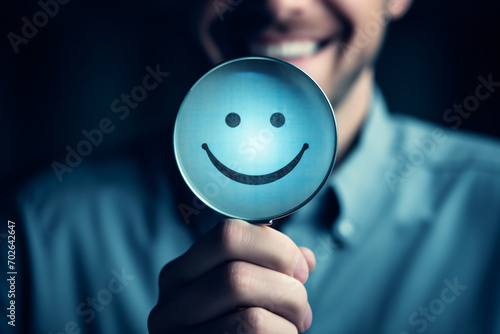 Person holds a magnifying glass over smiley smile icon, in the style of medical themes, scanner photography, lightbox, collage-like, light azure, sigma 85mm f/1.4 dg hsm art, shaped canvas

 photo