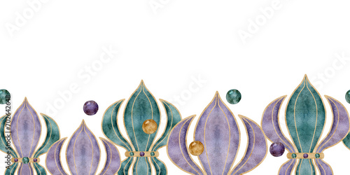 Hand drawn watercolor Mardi Gras carnival symbols. Fleur de lis French lily iris flower glass beads confetti baubles. Seamless banner isolated on white background. Design party invitation, print, shop
