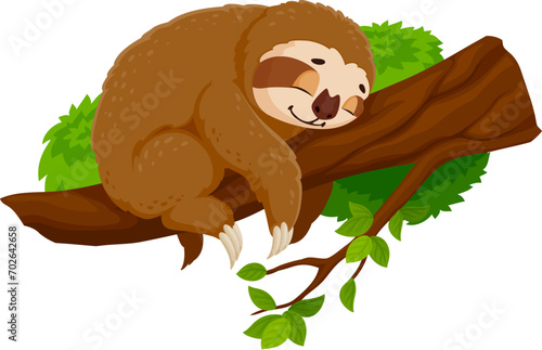 Cartoon funny sloth character peacefully slumbers on tree branch. Isolated vector cute tropical animal nap, its tranquil expression and relaxed posture capturing the essence slow and easygoing nature