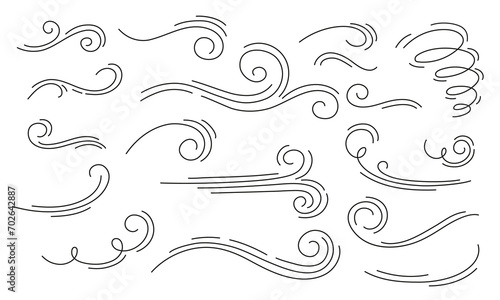 Doodle air wind motions, hurricane blow and windy storm flow waves, vector cartoon effects in line art. Autumn wind blowing in speed motion, windy spiral clouds of winter hurricane or summer breeze