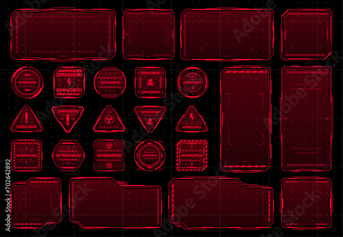 HUD red warning frames, futuristic game screen borders and danger signs, vector UI interface. HUD futuristic cyber technology warning frames for dashboard screen, caution or hazard danger message box