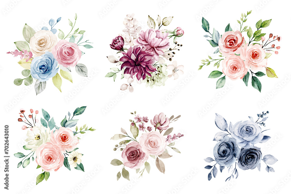 Watercolor flowers hand drawn, floral vintage bouquets with roses and peonies. Decoration for poster, greeting card, birthday, wedding design. Isolated on white background.