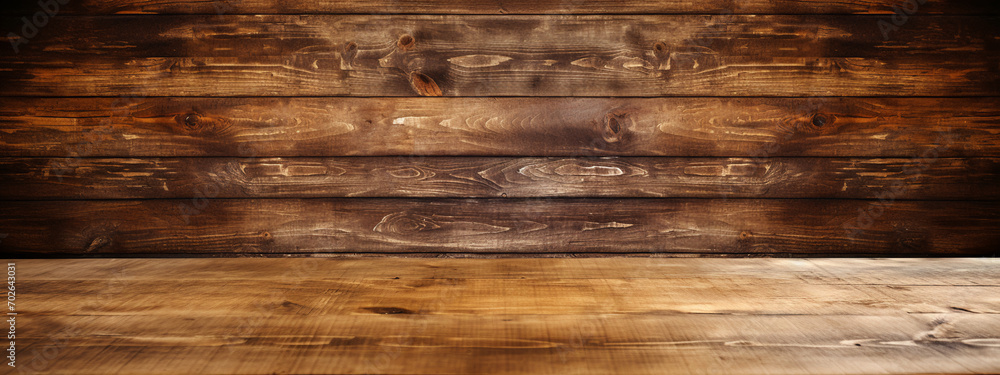 Naklejka premium rustic wooden tabletop product display placement mockup surface with a bokeh light background, conveying a cozy, inviting atmosphere