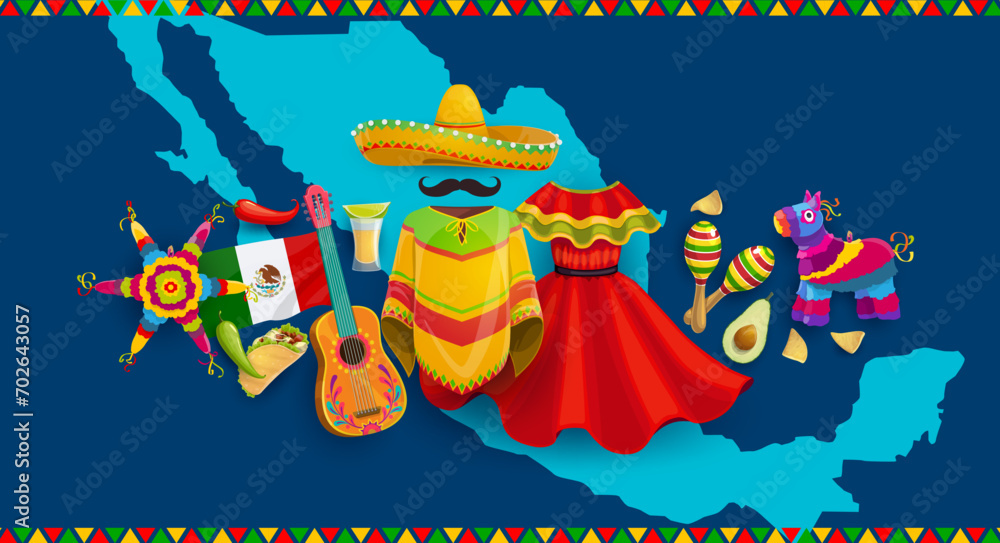 Mexico map with national flag, cuisine meals, musical instruments and plants. Mexican culture attributes, Latin America country travel vector background with Mexico ethnic clothing, pinata and food