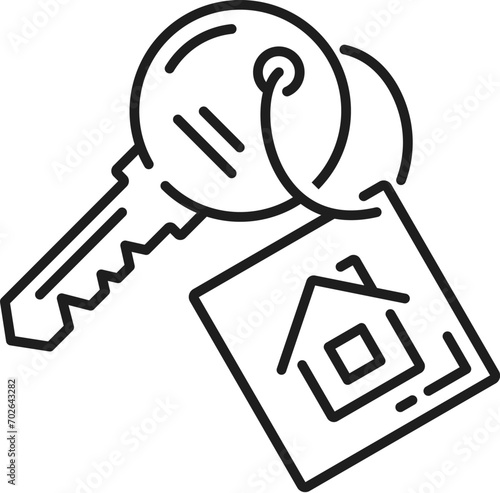 Real estate icon. House key line symbol. House loan service, real estate company outline symbol or sign, residential dwelling or apartment rent or sale monochrome icon with key